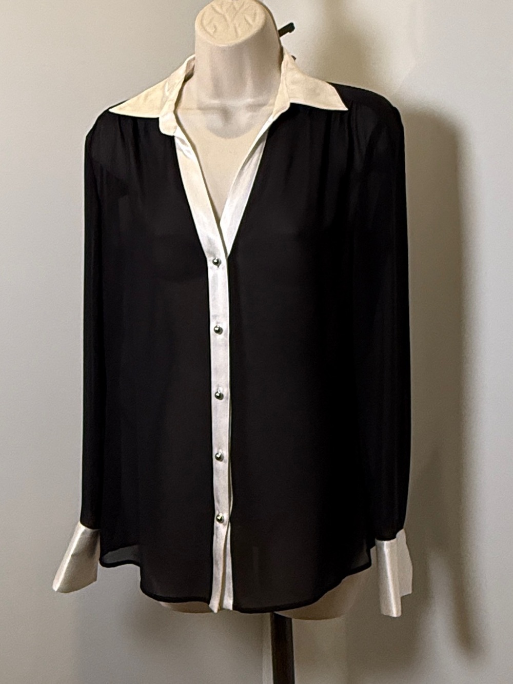 Cache Black Blouse with White Collar and Cuffs